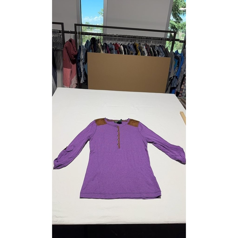 Lauren Ralph Lauren Purple Henley Top Brown Shoulder Patch 3/4 Sleeve Womens M